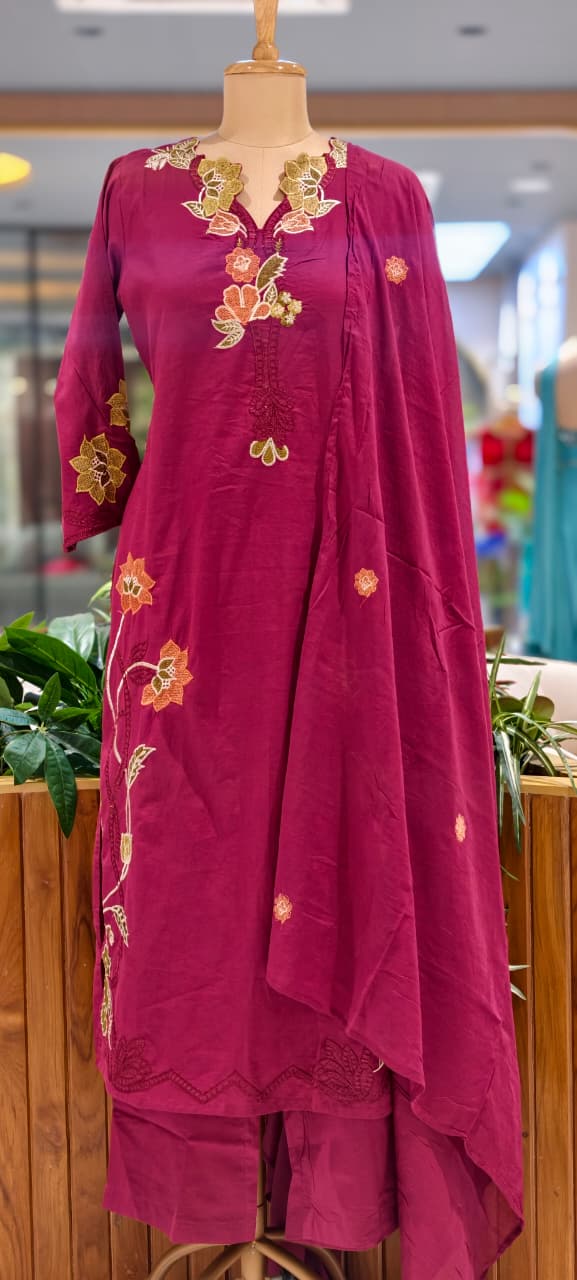 Fine Intricate Floral Embroidery Cut-Work Solid Shade Cotton Full Suit Set With Dupatta- 15862