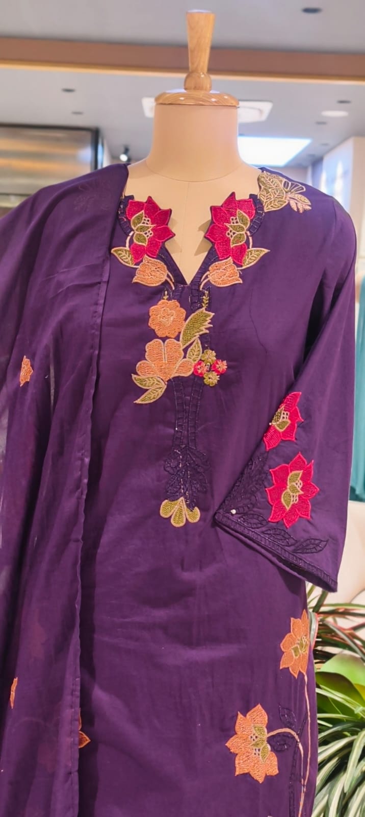 Fine Intricate Floral Embroidery Cut-Work Solid Shade Cotton Full Suit Set With Dupatta- 15862