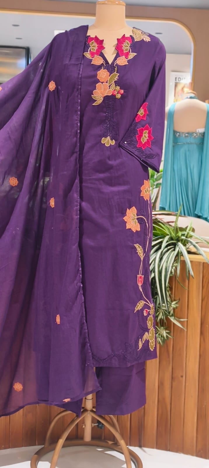 Fine Intricate Floral Embroidery Cut-Work Solid Shade Cotton Full Suit Set With Dupatta- 15862