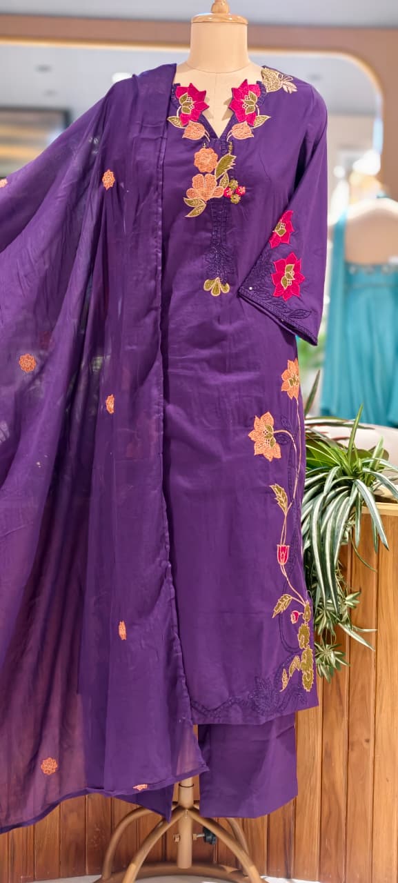 Fine Intricate Floral Embroidery Cut-Work Solid Shade Cotton Full Suit Set With Dupatta- 15862