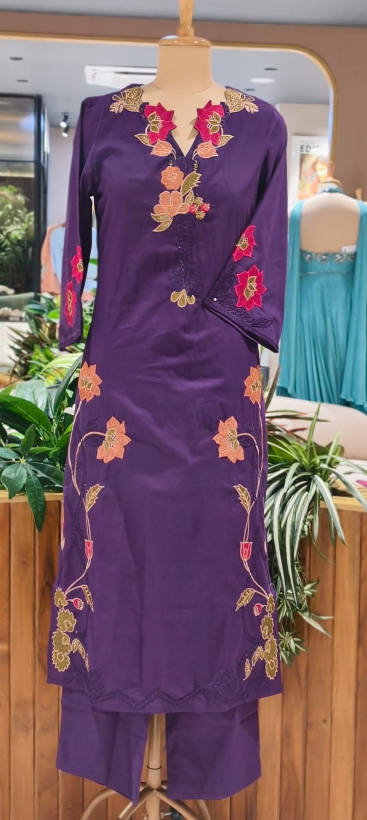 Fine Intricate Floral Embroidery Cut-Work Solid Shade Cotton Full Suit Set With Dupatta- 15862