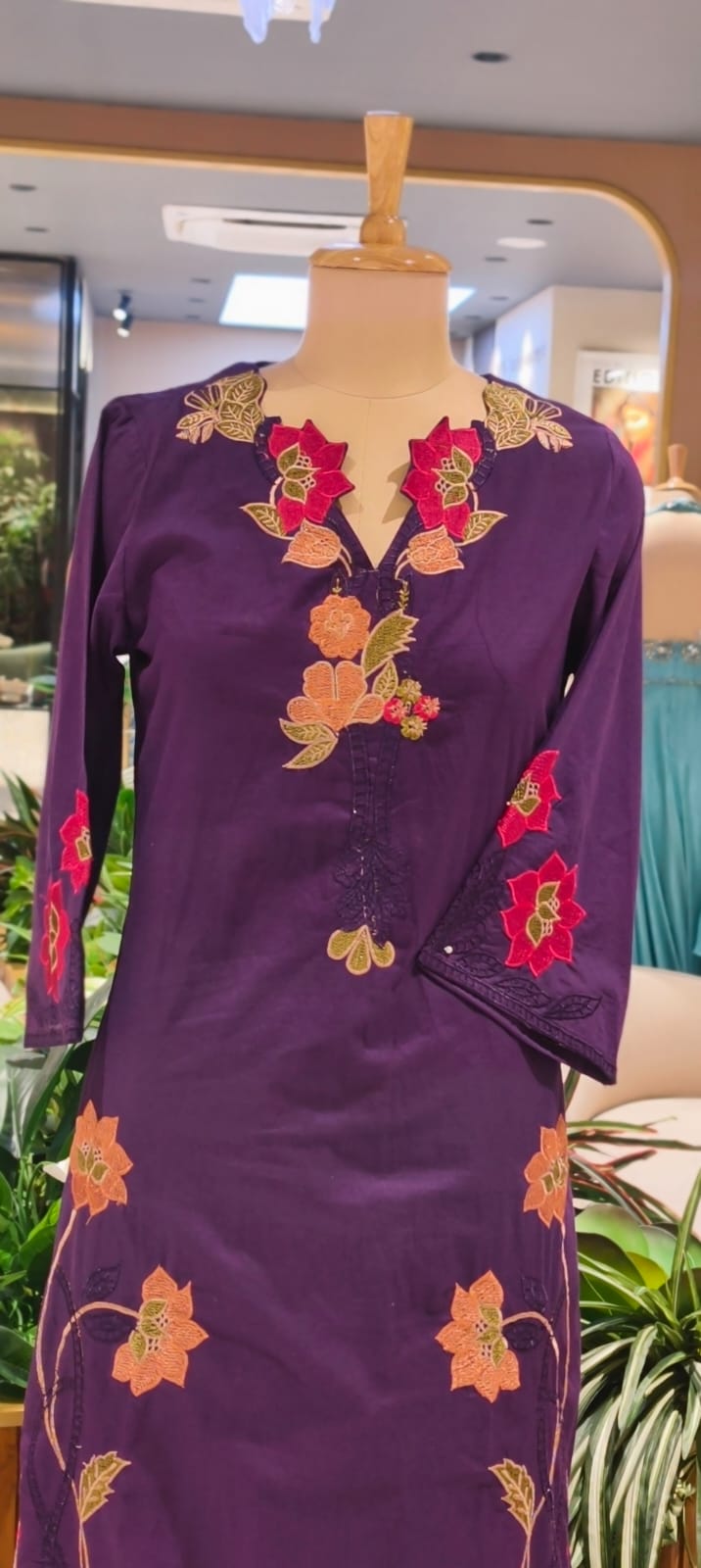 Fine Intricate Floral Embroidery Cut-Work Solid Shade Cotton Full Suit Set With Dupatta- 15862