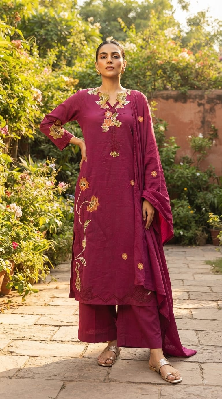 Fine Intricate Floral Embroidery Cut-Work Solid Shade Cotton Full Suit Set With Dupatta- 15862