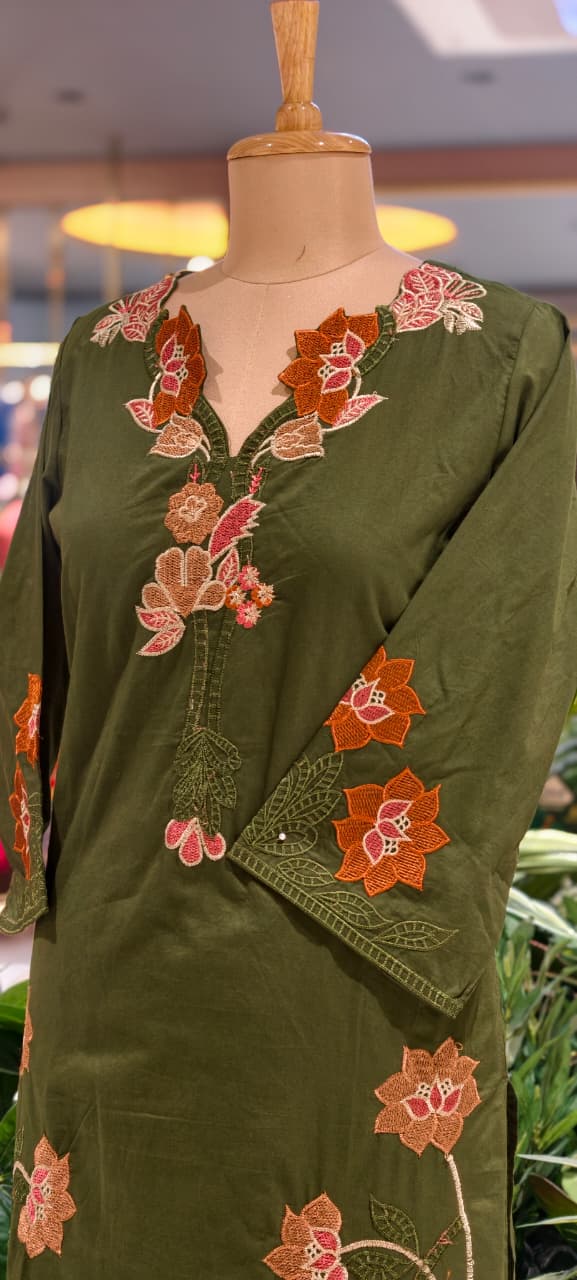 Fine Intricate Floral Embroidery Cut-Work Solid Shade Cotton Full Suit Set With Dupatta- 15862