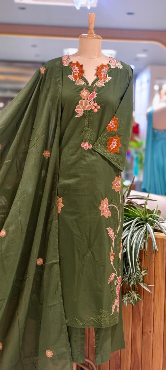 Fine Intricate Floral Embroidery Cut-Work Solid Shade Cotton Full Suit Set With Dupatta- 15862