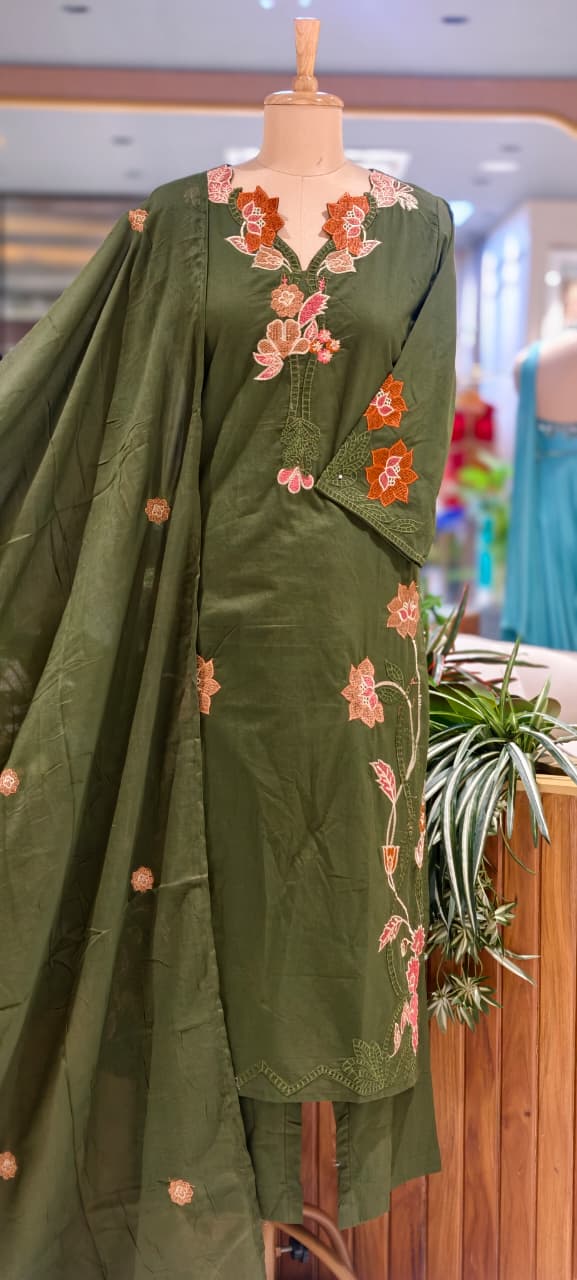 Fine Intricate Floral Embroidery Cut-Work Solid Shade Cotton Full Suit Set With Dupatta- 15862