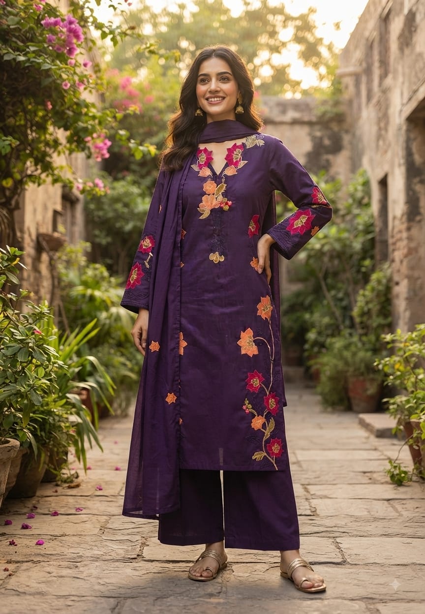 Fine Intricate Floral Embroidery Cut-Work Solid Shade Cotton Full Suit Set With Dupatta- 15862