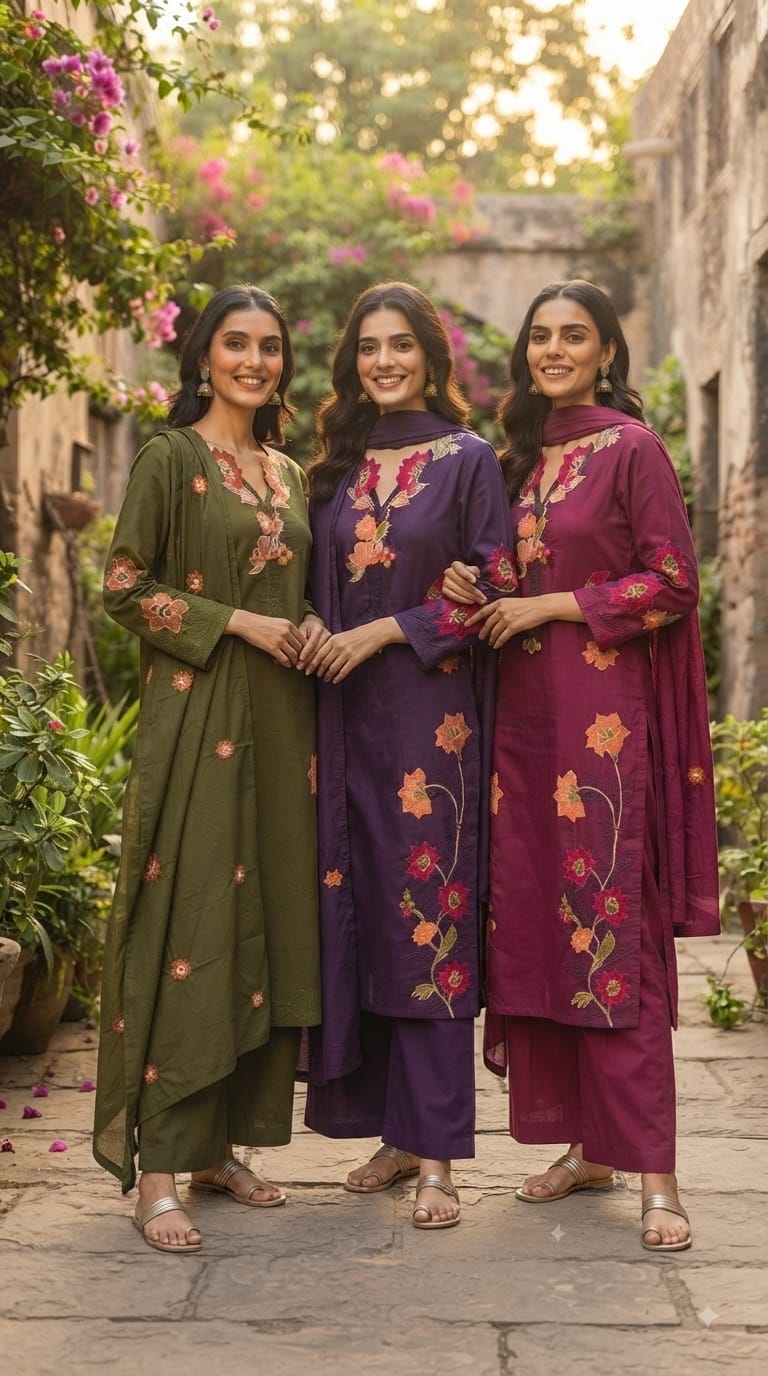 Fine Intricate Floral Embroidery Cut-Work Solid Shade Cotton Full Suit Set With Dupatta- 15862