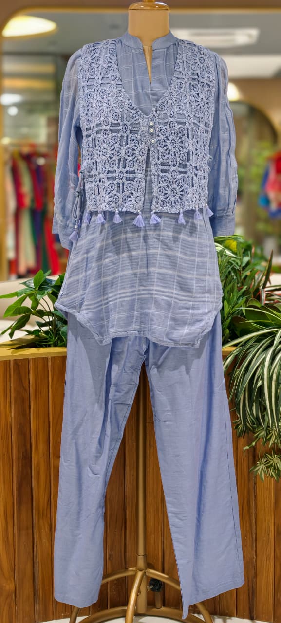 Fresh Lime & Sky Blue Crochet Embroidered Overlay Tassel Accent Mul-Cotton Co-Ord Set- 15841