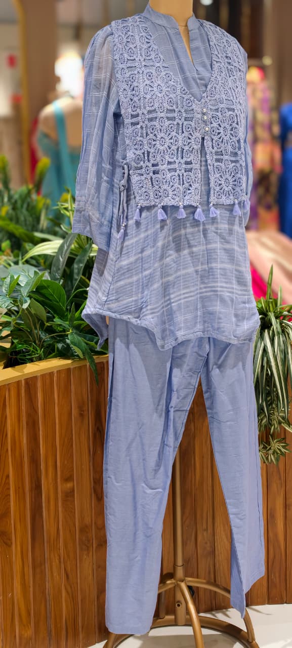 Fresh Lime & Sky Blue Crochet Embroidered Overlay Tassel Accent Mul-Cotton Co-Ord Set- 15841