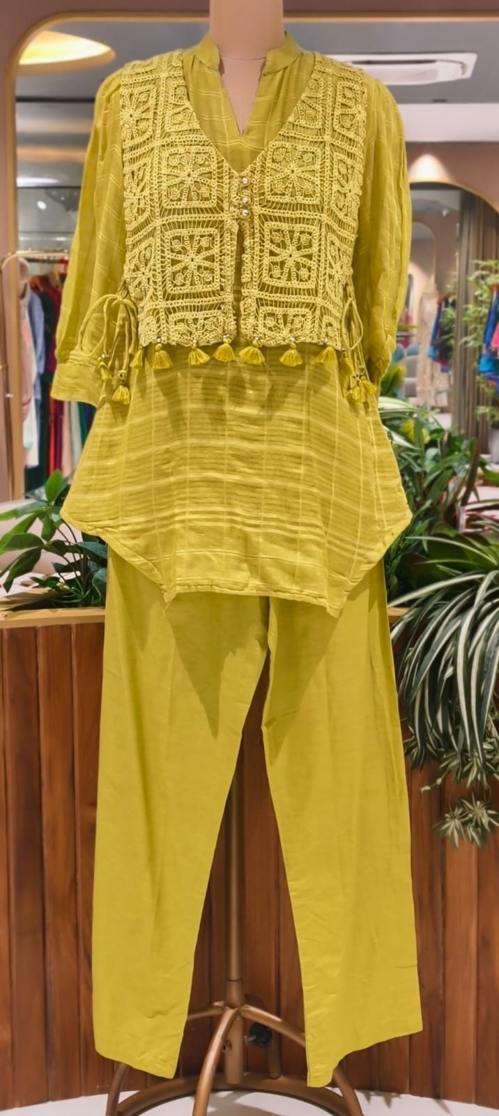 Fresh Lime & Sky Blue Crochet Embroidered Overlay Tassel Accent Mul-Cotton Co-Ord Set- 15841