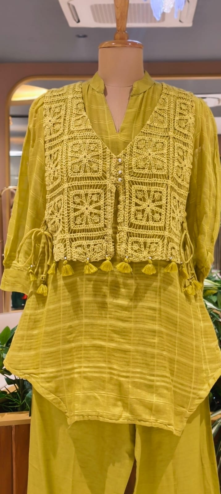 Fresh Lime & Sky Blue Crochet Embroidered Overlay Tassel Accent Mul-Cotton Co-Ord Set- 15841