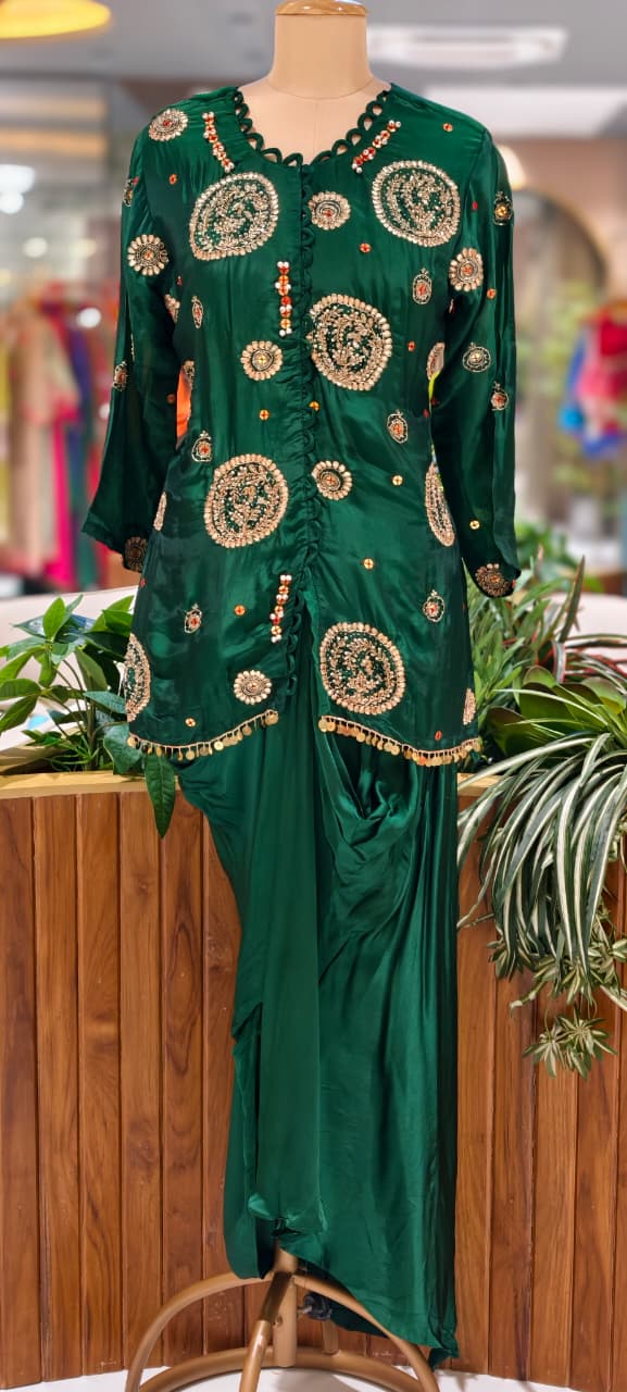 Heavy Handwork Premium Gotta With Sequin & Pearl Elegance Modal Satin Festive Co-Ord Set With Drape Skirt Bottom- 15854