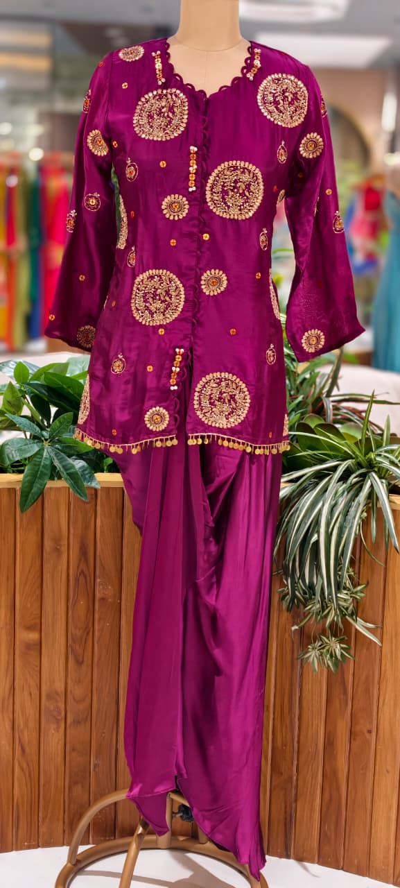 Heavy Handwork Premium Gotta With Sequin & Pearl Elegance Modal Satin Festive Co-Ord Set With Drape Skirt Bottom- 15854