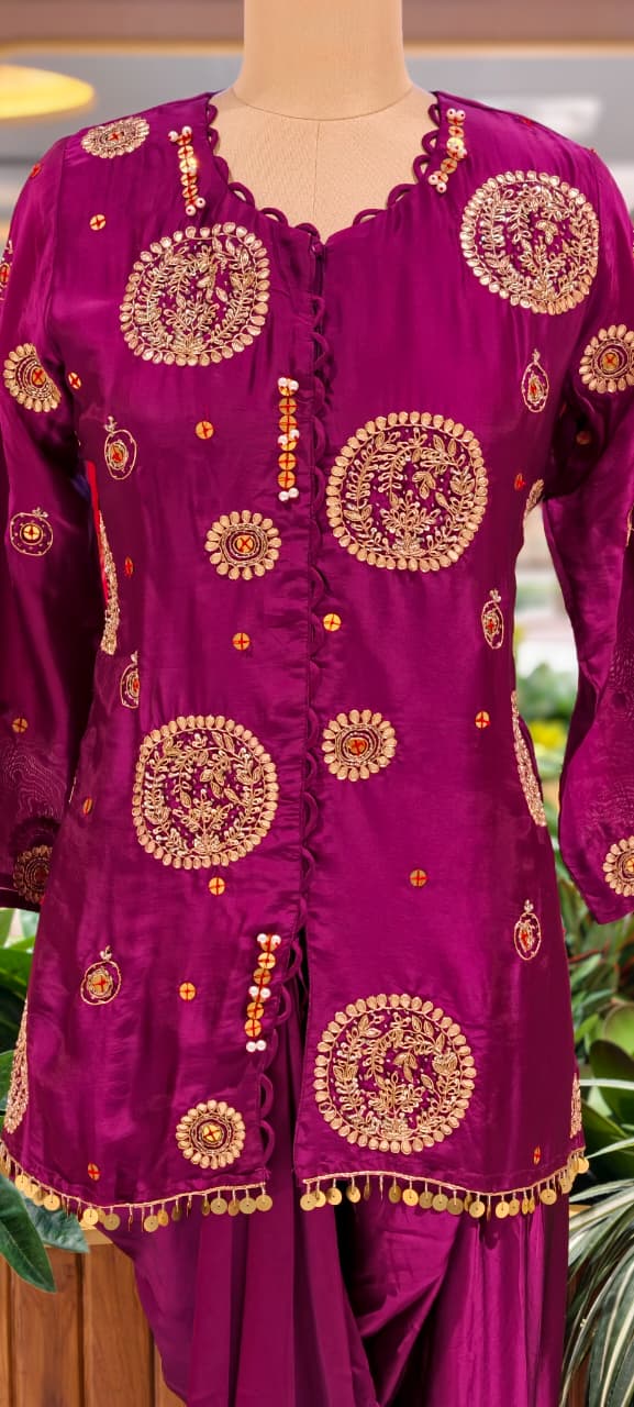 Heavy Handwork Premium Gotta With Sequin & Pearl Elegance Modal Satin Festive Co-Ord Set With Drape Skirt Bottom- 15854