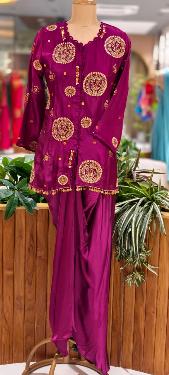 Heavy Handwork Premium Gotta With Sequin & Pearl Elegance Modal Satin Festive Co-Ord Set With Drape Skirt Bottom- 15854