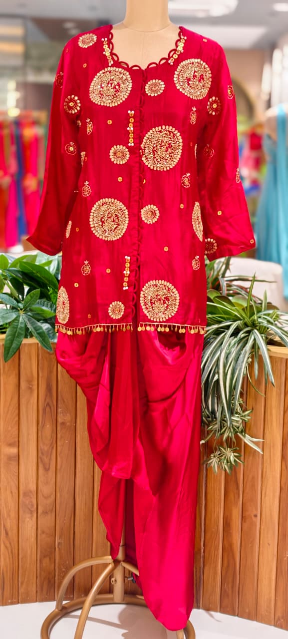 Heavy Handwork Premium Gotta With Sequin & Pearl Elegance Modal Satin Festive Co-Ord Set With Drape Skirt Bottom- 15854