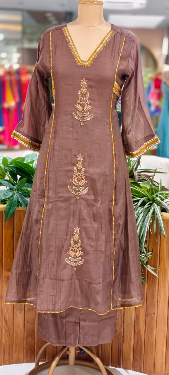 Beautiful Kundan Look Front Embroidery Highlighted A-Line Mul-Chanderi Full Suit Set With Dupatta- 15851