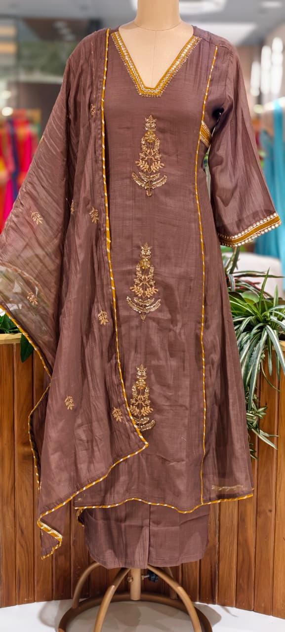 Beautiful Kundan Look Front Embroidery Highlighted A-Line Mul-Chanderi Full Suit Set With Dupatta- 15851