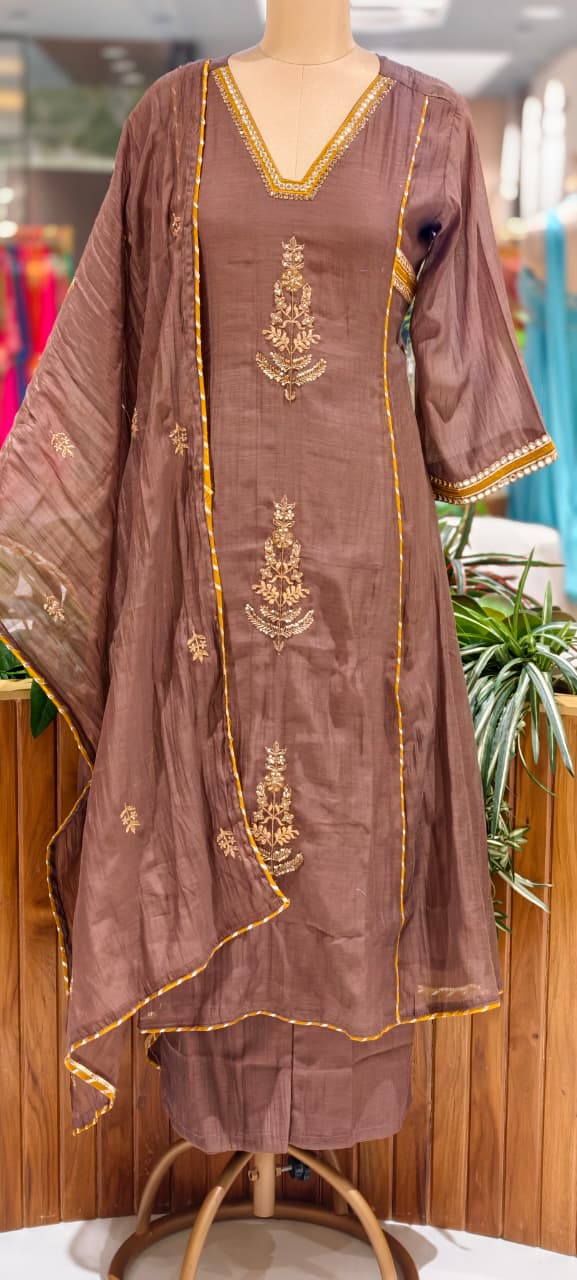Beautiful Kundan Look Front Embroidery Highlighted A-Line Mul-Chanderi Full Suit Set With Dupatta- 15851