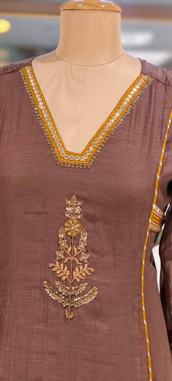 Beautiful Kundan Look Front Embroidery Highlighted A-Line Mul-Chanderi Full Suit Set With Dupatta- 15851