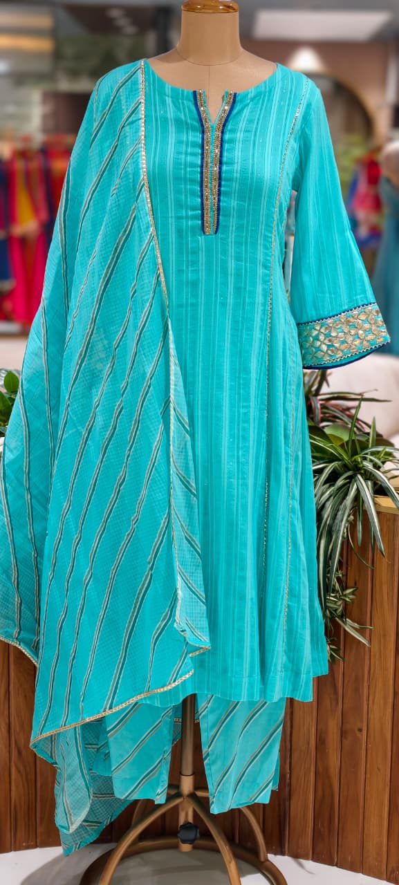 Golden Trimmed Lace Panels A-Line Leheriya Full Suit Set With All Over Work Dupatta In Lurex Fabric- 15838