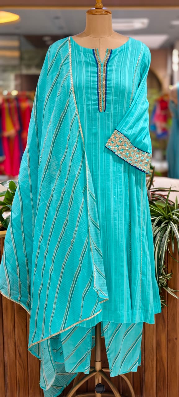 Golden Trimmed Lace Panels A-Line Leheriya Full Suit Set With All Over Work Dupatta In Lurex Fabric- 15838