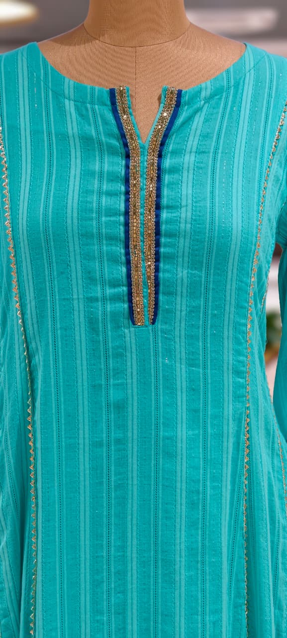 Golden Trimmed Lace Panels A-Line Leheriya Full Suit Set With All Over Work Dupatta In Lurex Fabric- 15838