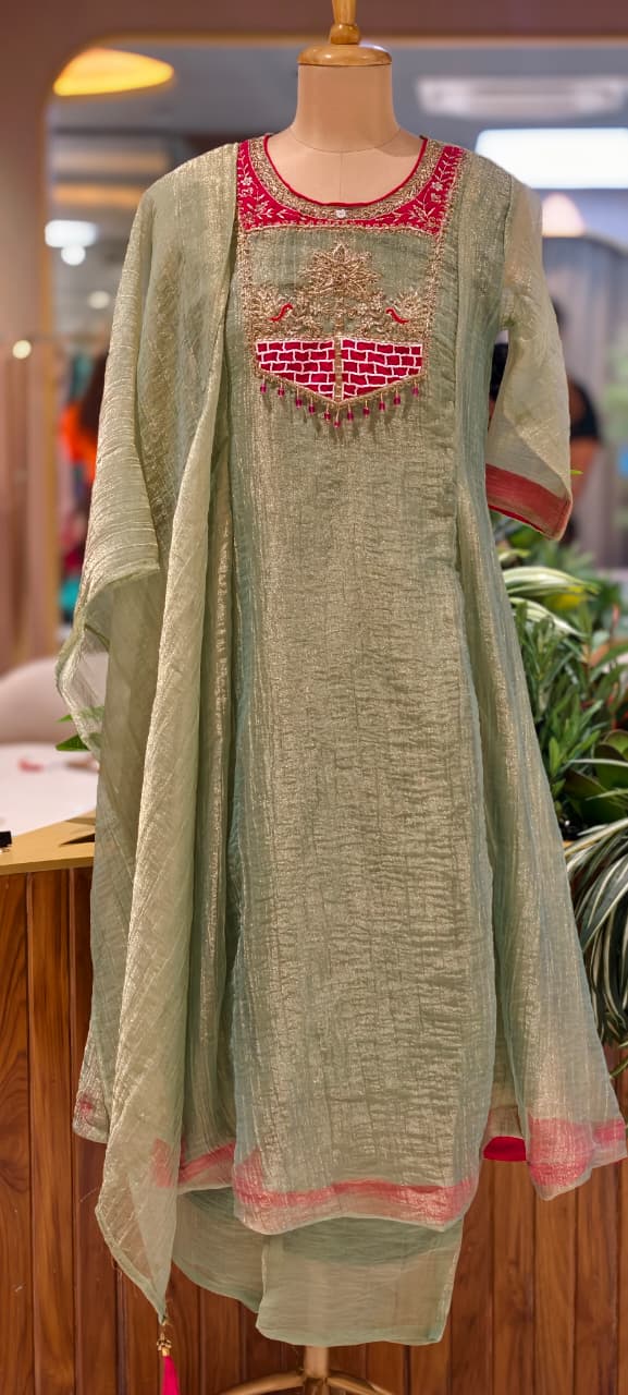 Graceful Pastel Ethnic Kurta with Statement Embroidered Neckline Salsa A-Line Full Suit Set With Dupatta- 15765