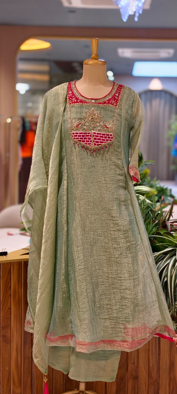 Graceful Pastel Ethnic Kurta with Statement Embroidered Neckline Salsa A-Line Full Suit Set With Dupatta- 15765