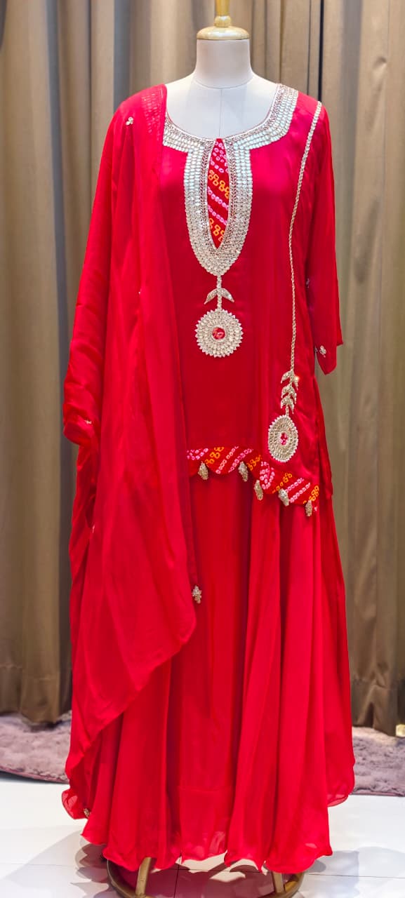 Bandhej Highlights Elegant Gotta Detailing Crepe Full Suit Set With Flared Skirt Bottom & Dupatta- 15852