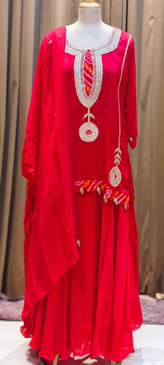 Bandhej Highlights Elegant Gotta Detailing Crepe Full Suit Set With Flared Skirt Bottom & Dupatta- 15852