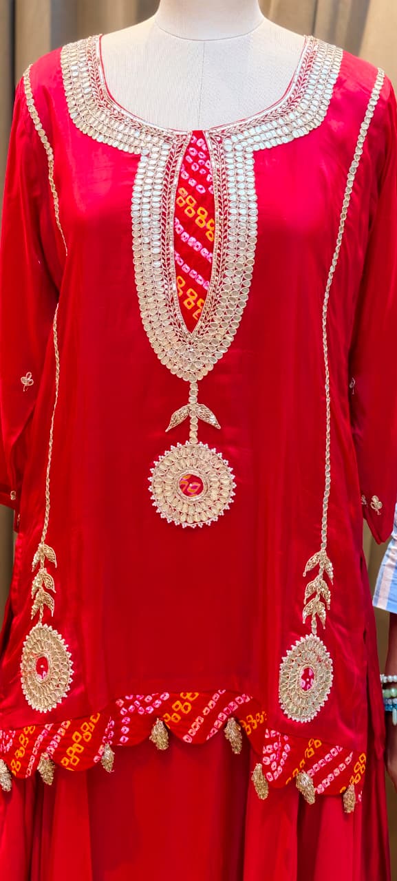 Bandhej Highlights Elegant Gotta Detailing Crepe Full Suit Set With Flared Skirt Bottom & Dupatta- 15852