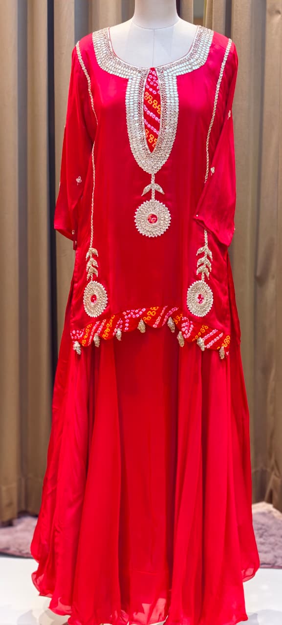Bandhej Highlights Elegant Gotta Detailing Crepe Full Suit Set With Flared Skirt Bottom & Dupatta- 15852