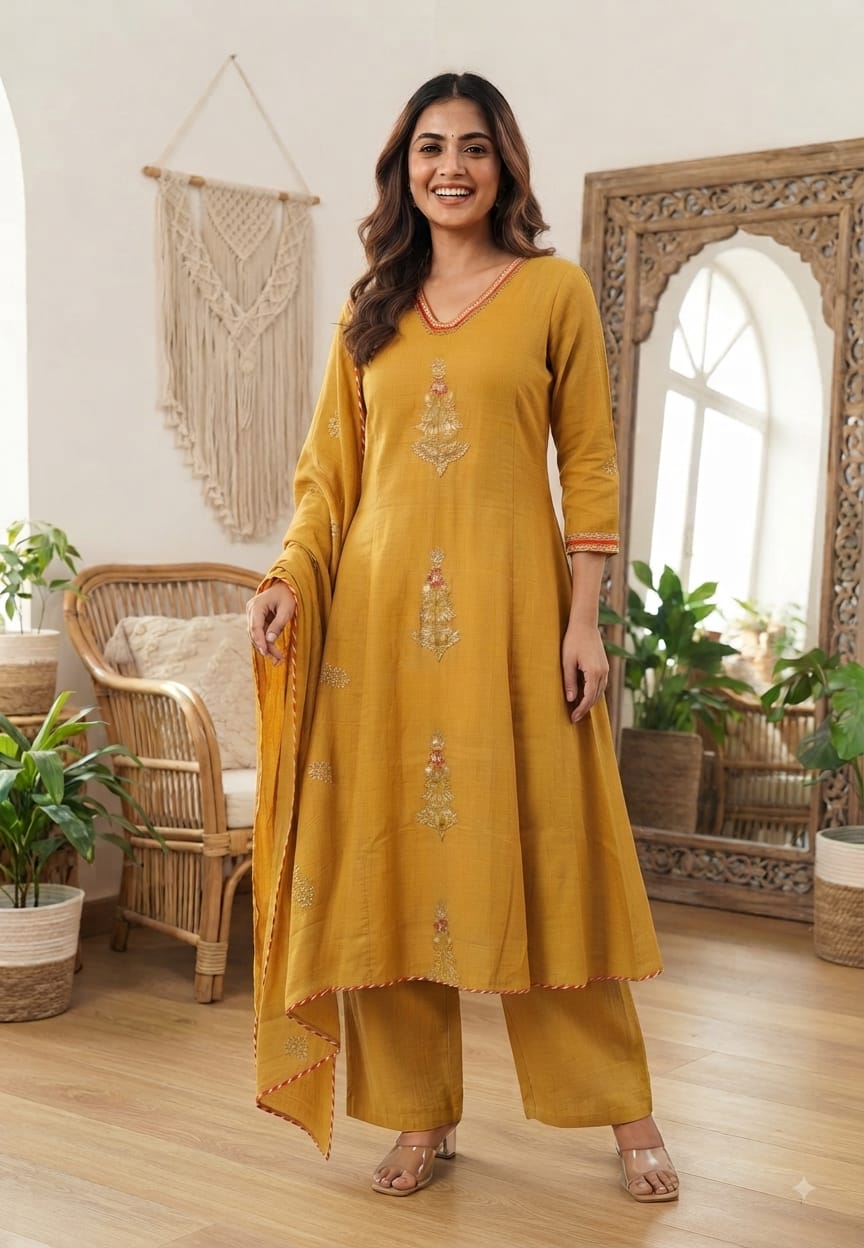 Beautiful Kundan Look Front Embroidery Highlighted A-Line Mul-Chanderi Full Suit Set With Dupatta- 15851