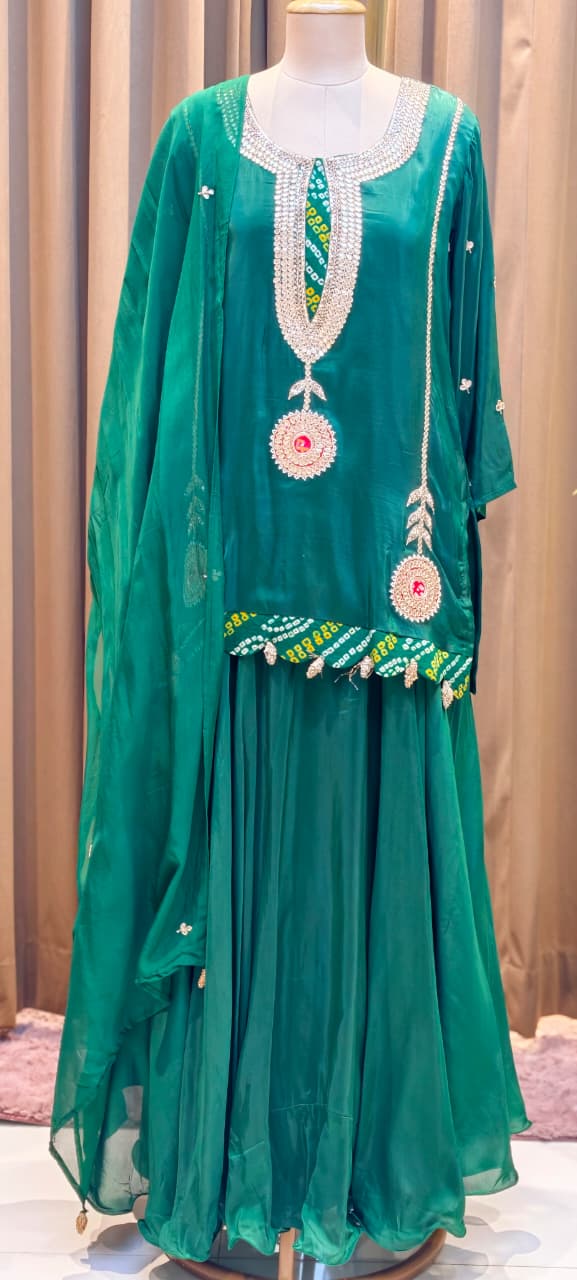 Bandhej Highlights Elegant Gotta Detailing Crepe Full Suit Set With Flared Skirt Bottom & Dupatta- 15852