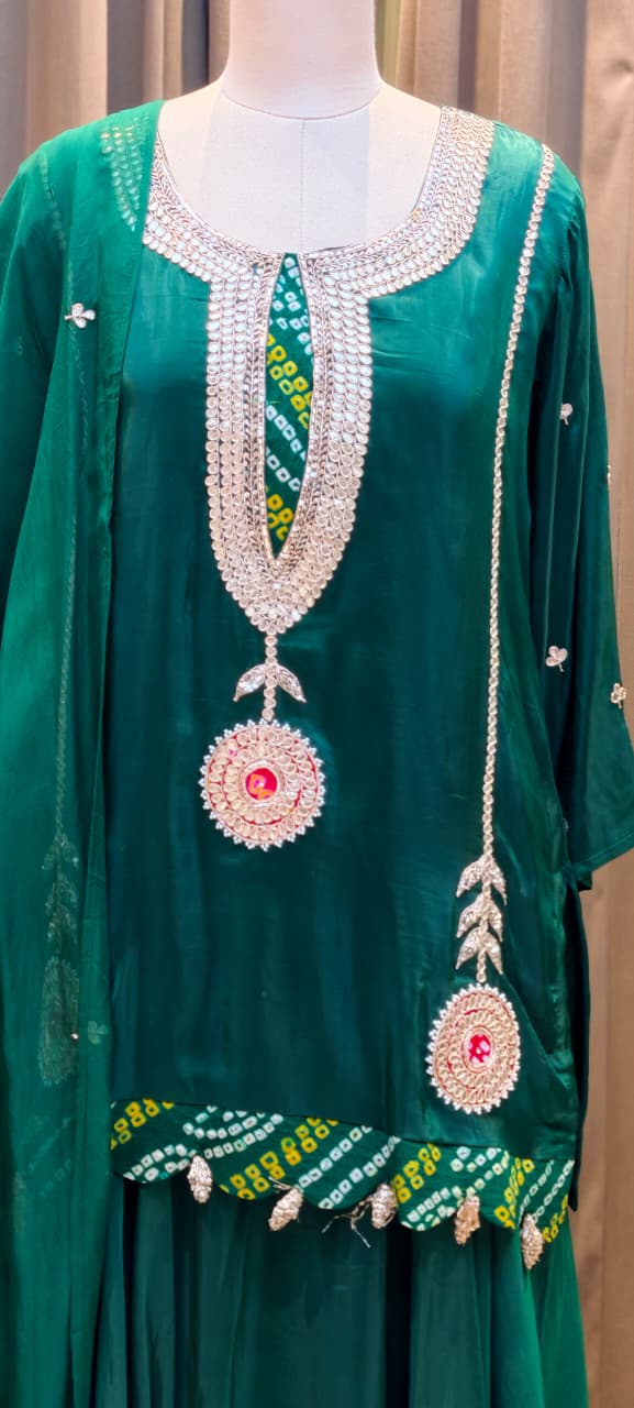 Bandhej Highlights Elegant Gotta Detailing Crepe Full Suit Set With Flared Skirt Bottom & Dupatta- 15852