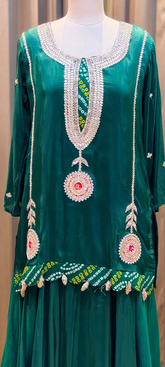 Bandhej Highlights Elegant Gotta Detailing Crepe Full Suit Set With Flared Skirt Bottom & Dupatta- 15852
