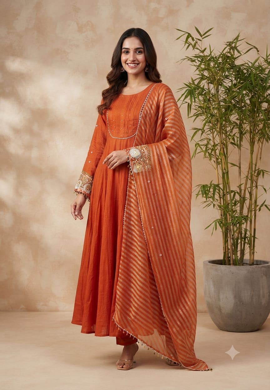 Crush Elegance Golden Lace Highlight & Sequin Handwork Sleeve Tissue Anarkali Full Suit Set With Dupatta- 13611