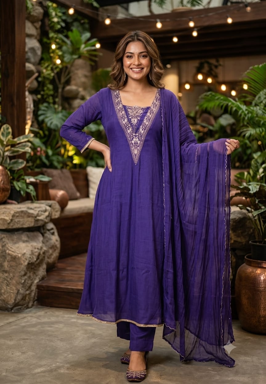 Festive Special Embroidered V-Neck Vibrant A-Line Full Suit Set With Dupatta- 15586