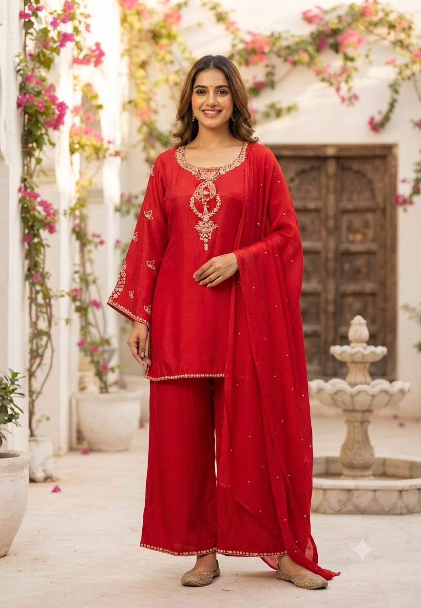 Elegant Intricate Embroidered Over Neckline & Sleeve Russian Silk Full Suit Set With Palazzo Bottom & Dupatta- 15794