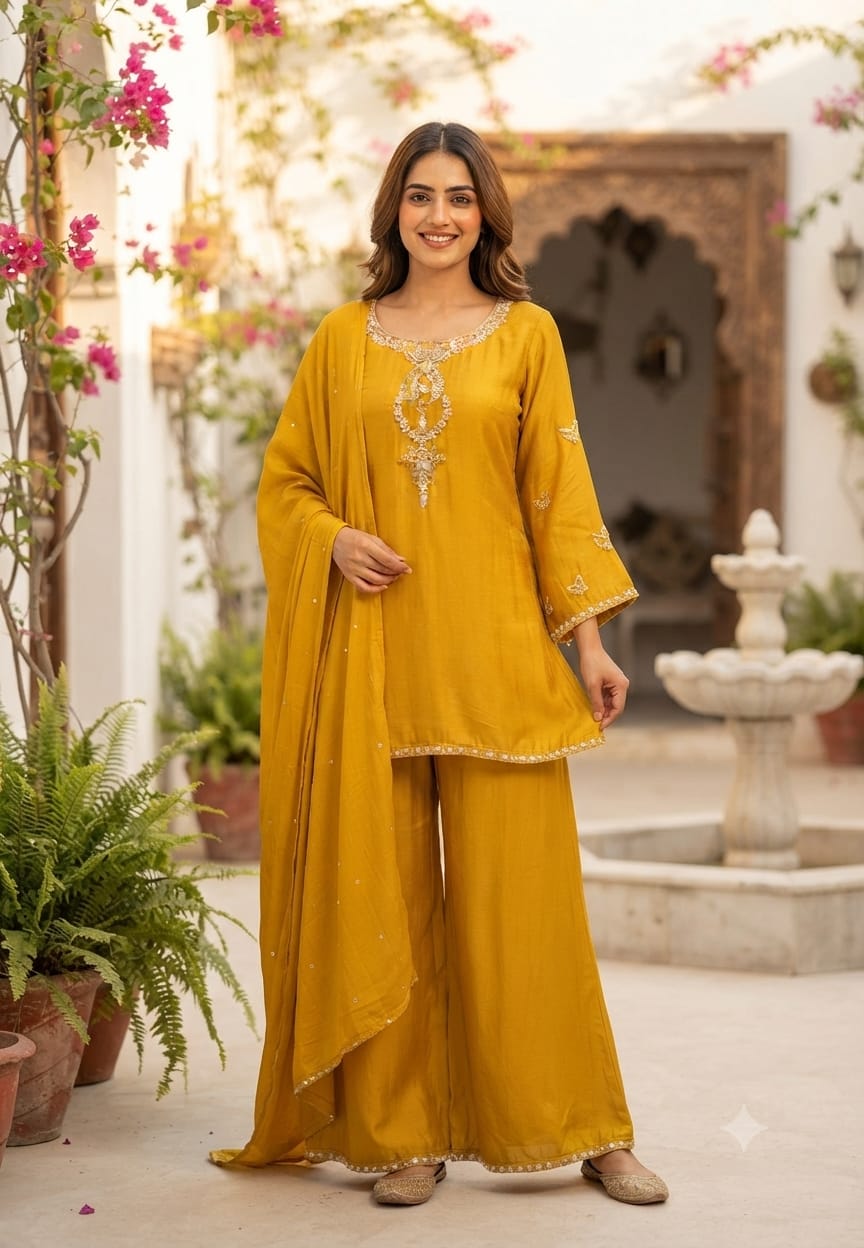 Elegant Intricate Embroidered Over Neckline & Sleeve Russian Silk Full Suit Set With Palazzo Bottom & Dupatta- 15794