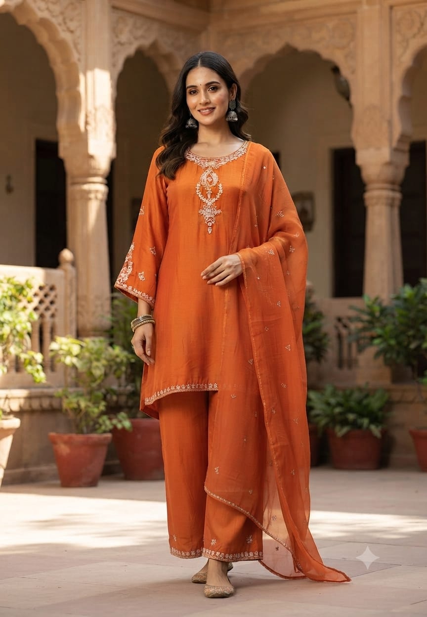 Elegant Intricate Embroidered Over Neckline & Sleeve Russian Silk Full Suit Set With Palazzo Bottom & Dupatta- 15794