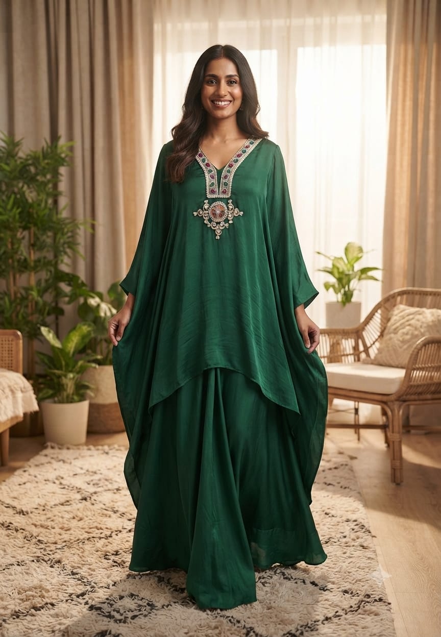 Jewel Handwork Over Yoke Stylish Flared Kaftan With Palazzo Bottom In Premium Crepe Fabric