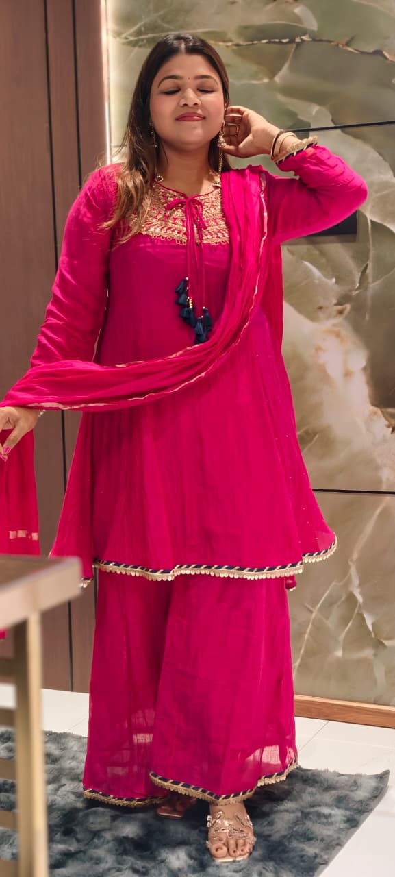 Heavy Embroidered Yoke With Tassel Accent Pure Mul-Chanderi A-Line Full Suit Set With Dupatta- 15802