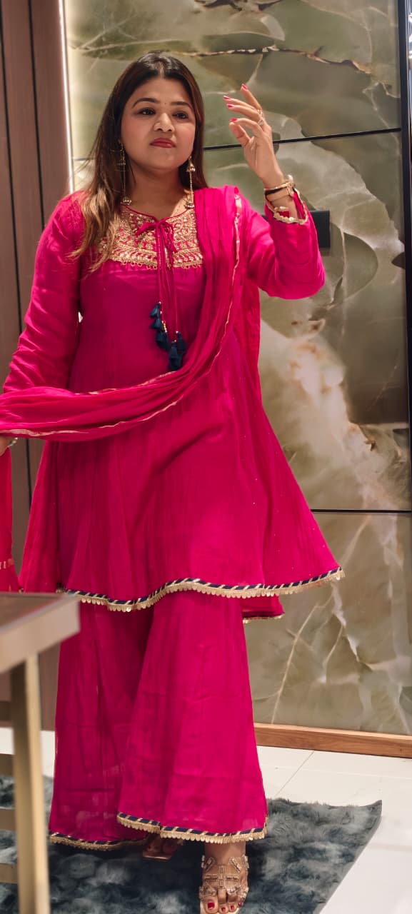 Heavy Embroidered Yoke With Tassel Accent Pure Mul-Chanderi A-Line Full Suit Set With Dupatta- 15802