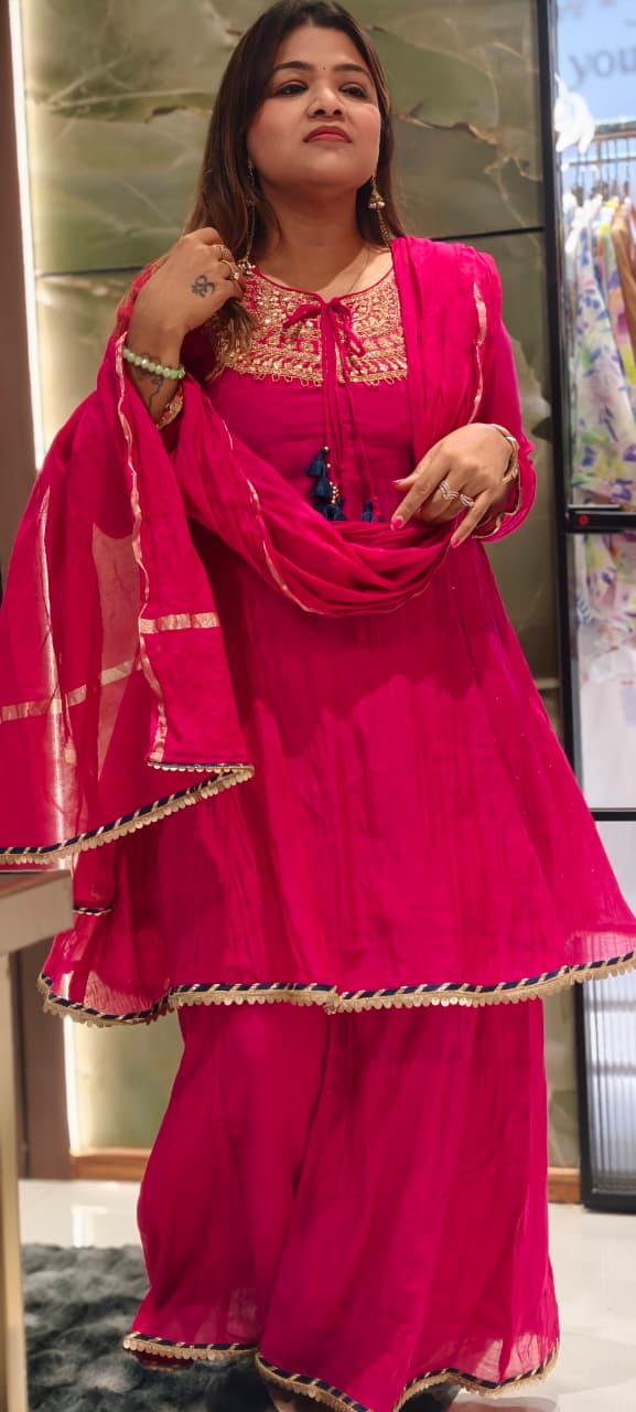Heavy Embroidered Yoke With Tassel Accent Pure Mul-Chanderi A-Line Full Suit Set With Dupatta- 15802