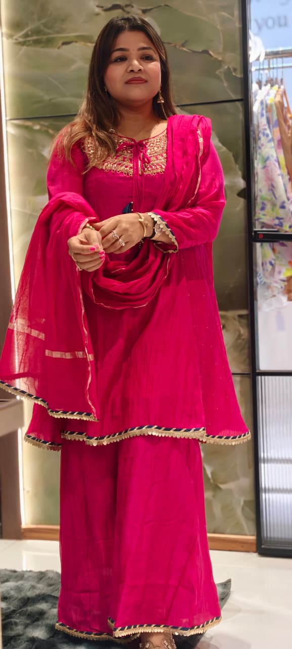Heavy Embroidered Yoke With Tassel Accent Pure Mul-Chanderi A-Line Full Suit Set With Dupatta- 15802