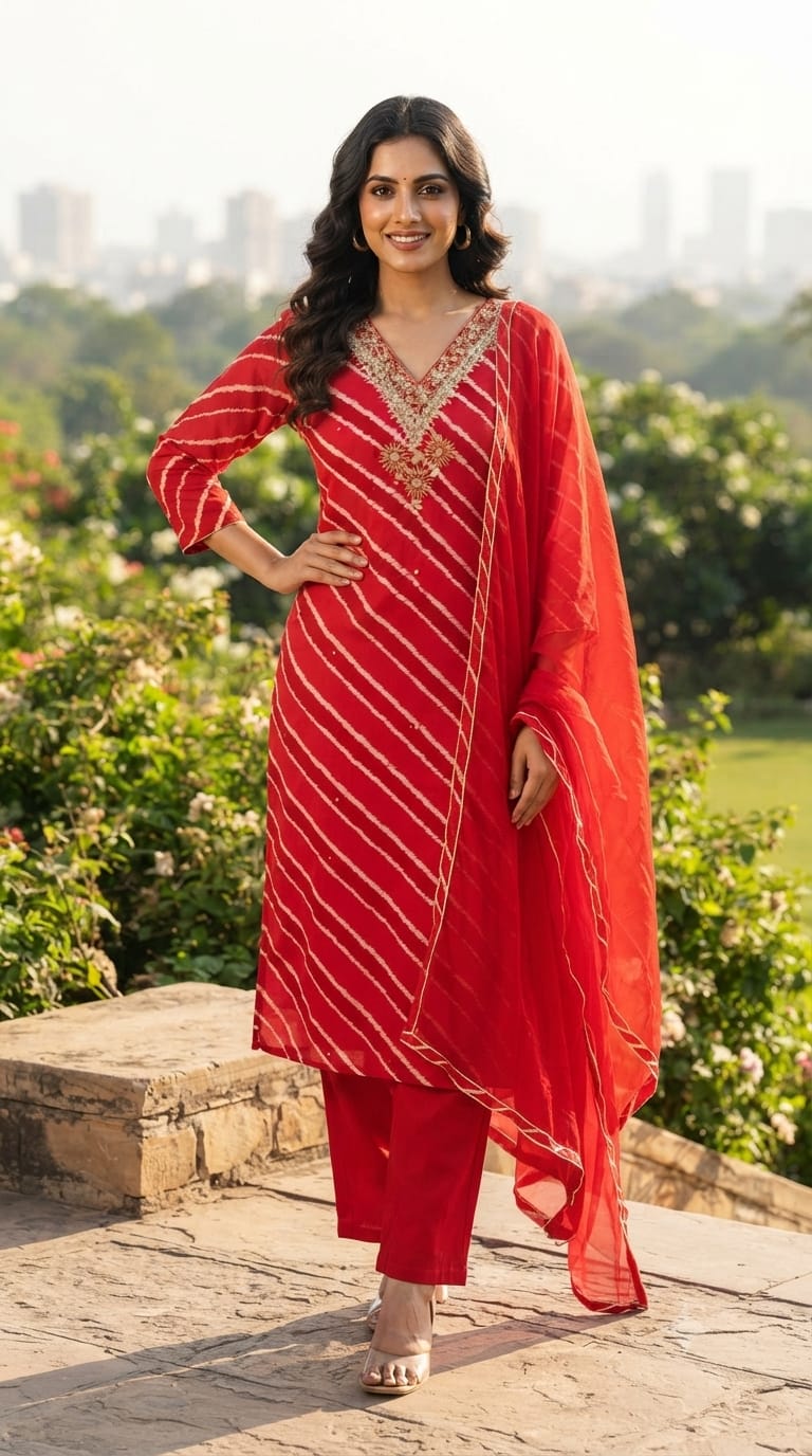 Leheriya Printed Chinon Full Suit Set With Dupatta with Intricate Gotta & Zari Embroidered V-Neckline- 15770