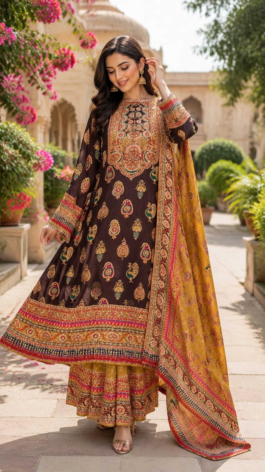 Jaipuri Inspired Multicolor Elegance Flared Long Length Kurta With Loose Bottom & Dupatta- 15686